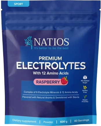 Natios Premium Electrolytes, Elektrolyty s 12 aminokyselinami, Malina 600 g