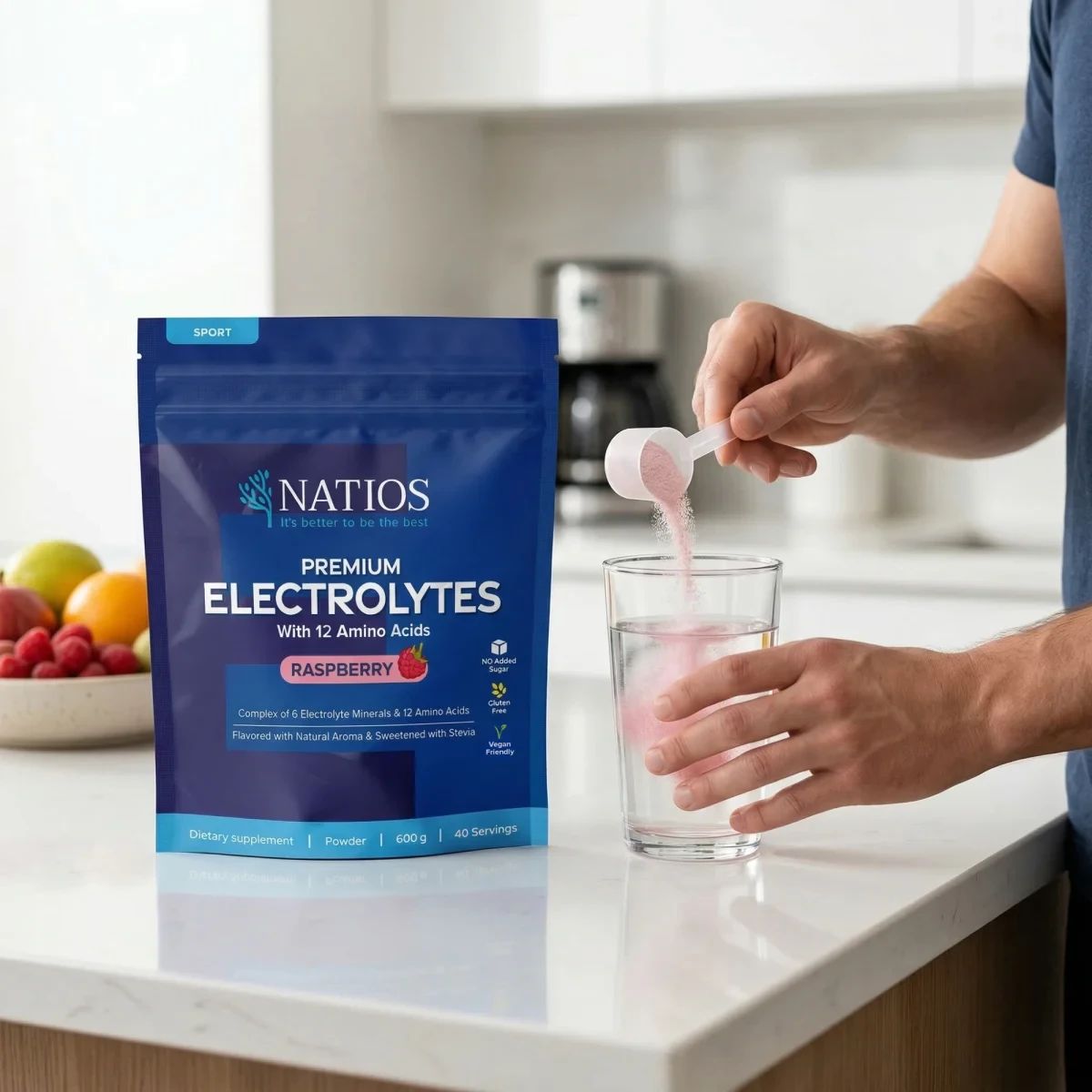 Natios Premium Electrolytes, Elektrolyty s 12 aminokyselinami, Malina 600 g