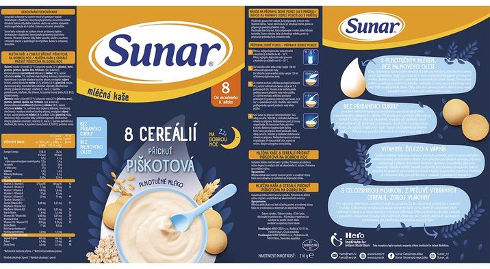 Sunar mléčná kaše s 8 cereáliemi na dobrou noc piškotová 210 g