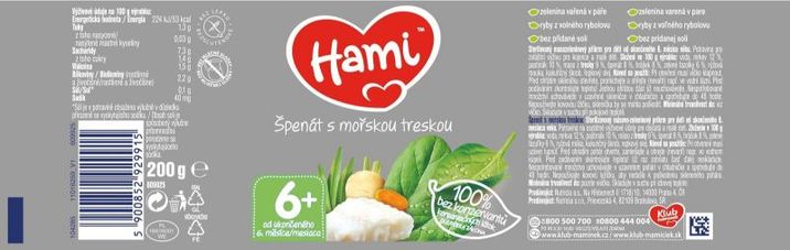 Hami masozeleninový příkrm Špenát s mořskou treskou, 6+ 200 g