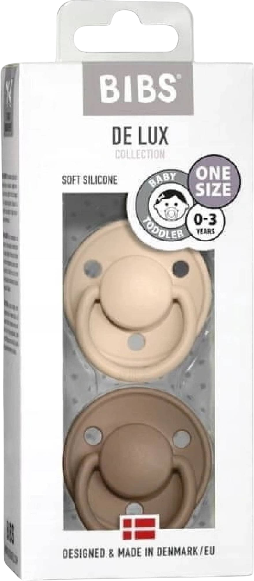 BIBS De Lux Silikonové dudlíky jedna velikost, vanilka/tmavý dub 0-36m 2 ks