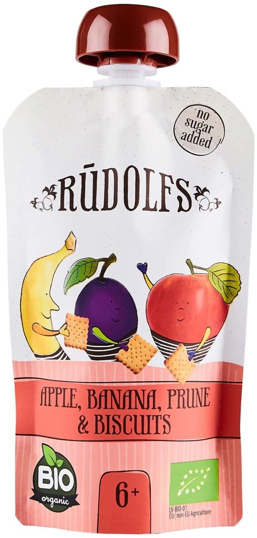 Rudolfs BIO kapsička Jablko, banán, sušená švestka, sušenky od 6 měsíců 110 g