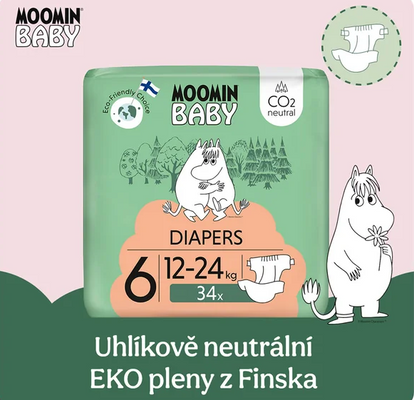 Moomin baby 6 Maxi 12–24 kg, měsíční balení eko plen 102 ks