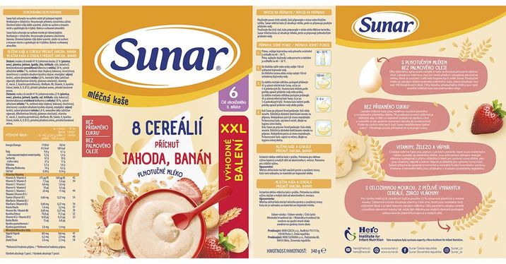 Sunar mléčná kaše s 8 cereáliemi jahoda, banán XXL 340 g