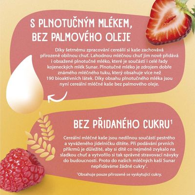 Sunar mléčná kaše s 8 cereáliemi, jahoda, malina 210 g