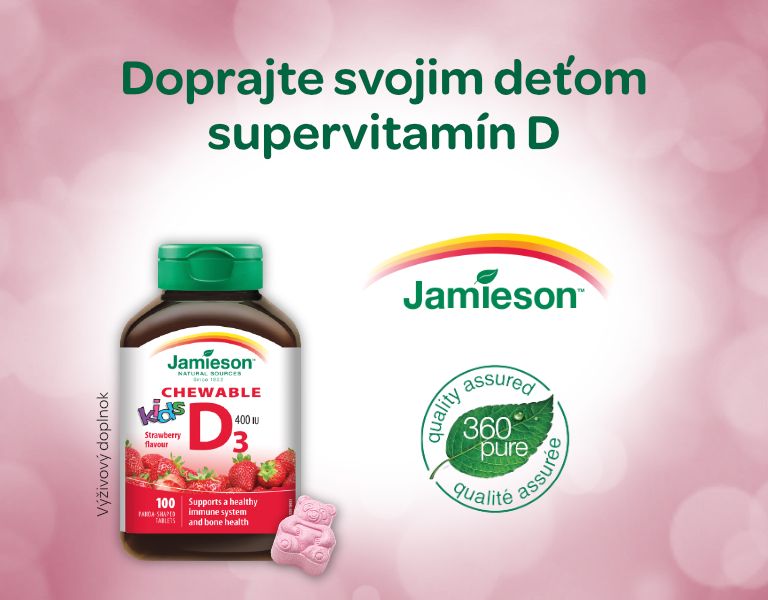 Jamieson Vitamín D3 Kids 400IU tablety na cmúľanie s príchuťou jahody pre deti 100 tabliet 