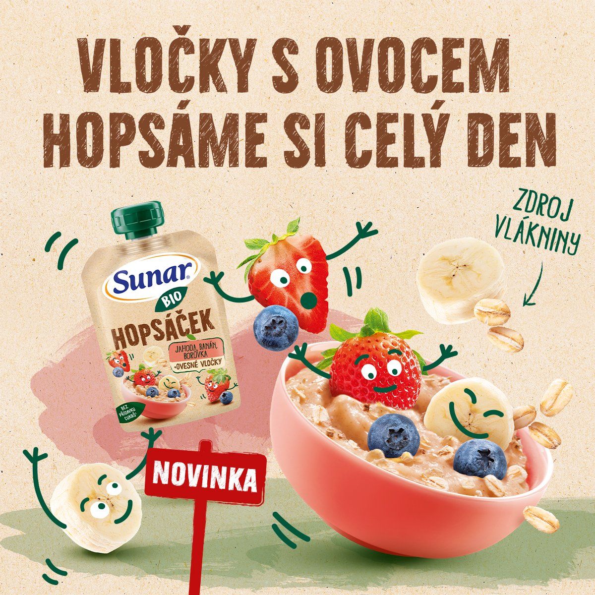 Sunar BIO ovocná kapsička Hopsáček jahoda, banán, borůvka a ovesné vločky 100 g