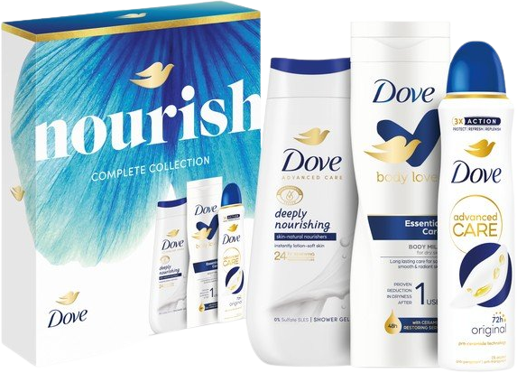 Dove Dárková sada F 250 ml SG + 150 ml Spray + 250 ml BL Nourish