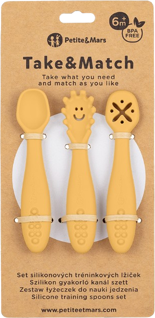 Petite&Mars Set silikonových tréninkových lžiček Take&Match Intense Ochre 6m+ 3 ks