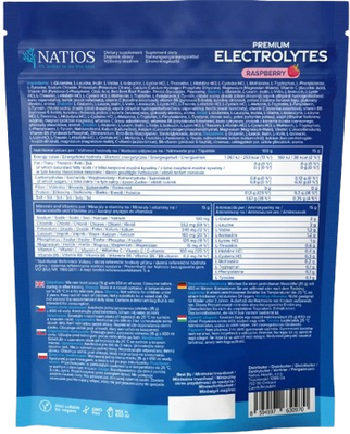 Natios Premium Electrolytes, Elektrolyty s 12 aminokyselinami, Malina 600 g