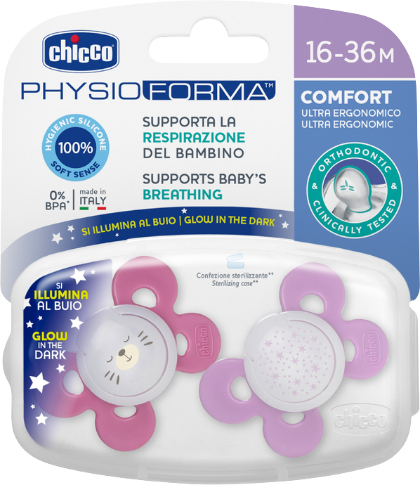 Chicco Dudlík Physio Comfort silikon noční 16-36m dívka - hvězdy/méďa 2 ks