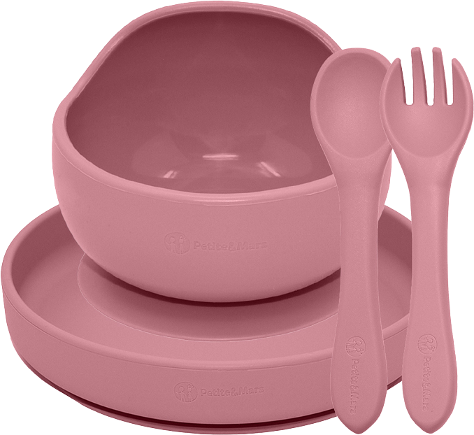 Petite&Mars Set jídelní silikonový TAKE&MATCH Dusty Pink 6m+ 3 ks