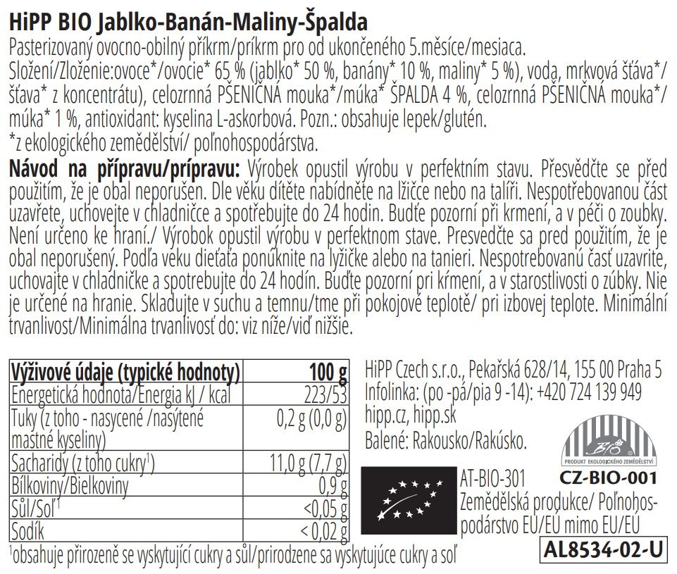 HiPP BIO Hippis 100% ovoce Jablko-Banán-Maliny-Špalda 100 g