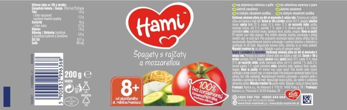 Hami zeleninový příkrm Špagety s rajčaty a mozzarellou, 8+ 200 g