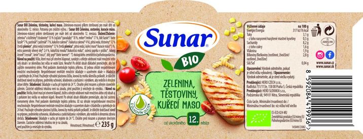 Sunar BIO příkrm zelenina, těstoviny, kuřecí maso 12m+, 235 g