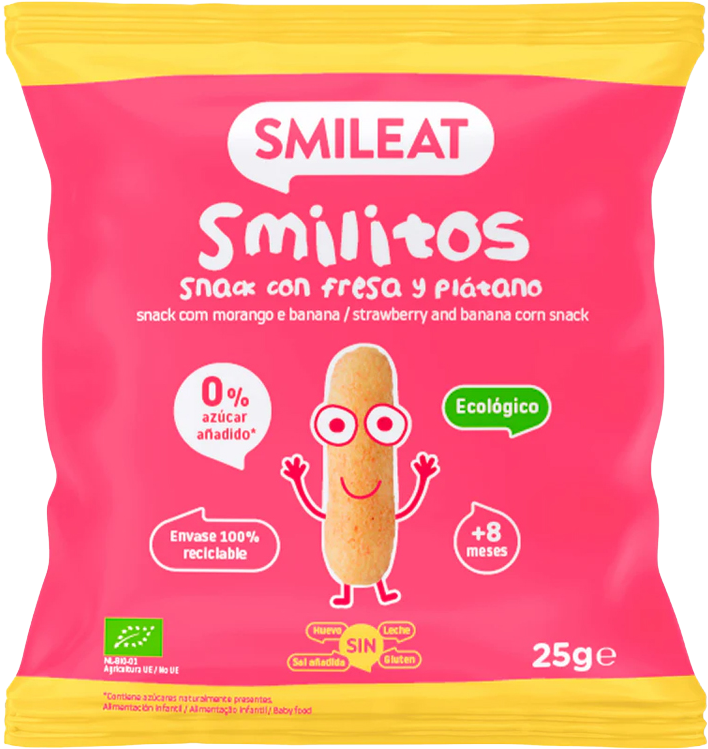 Smileat BIO kukuřičné křupky banán a jahoda s panenským olivovým olejem a vitaminem B1 8M+ 25 g