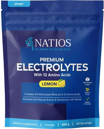Natios Premium Electrolytes, Elektrolyty s 12 aminokyselinami, Citrón 600 g
