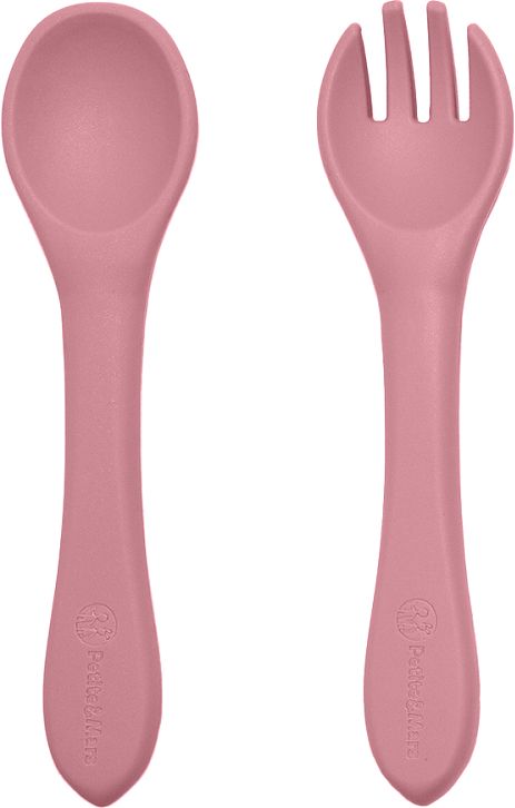 Petite&Mars Set jídelní silikonový TAKE&MATCH talíř + příbor Dusty Rose 6m+ 2 ks