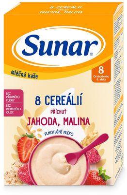 Sunar mléčná kaše s 8 cereáliemi, jahoda, malina 210 g
