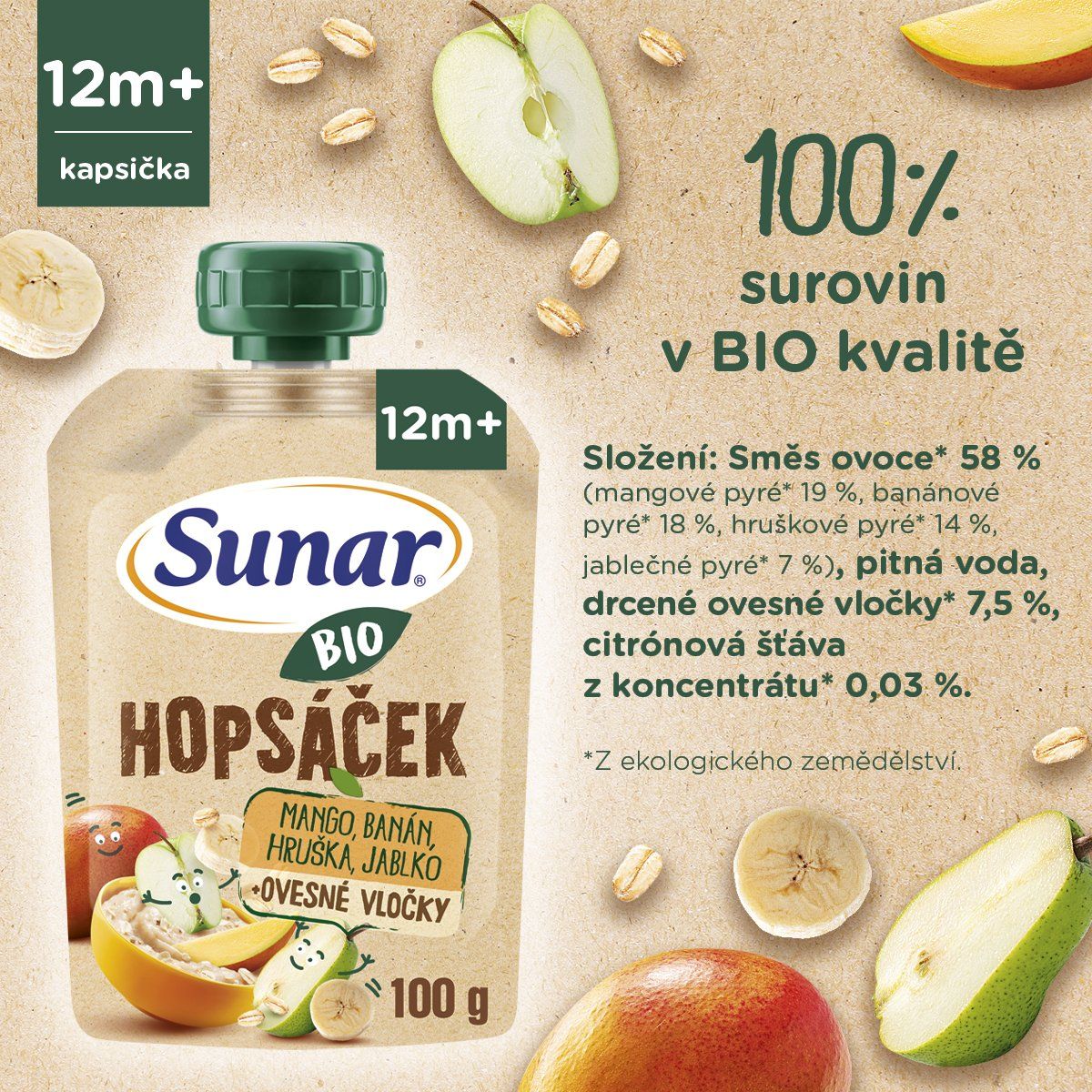 Sunar BIO ovocná kapsička Hopsáček mango, banán, hruška a ovesné vločky 100 g