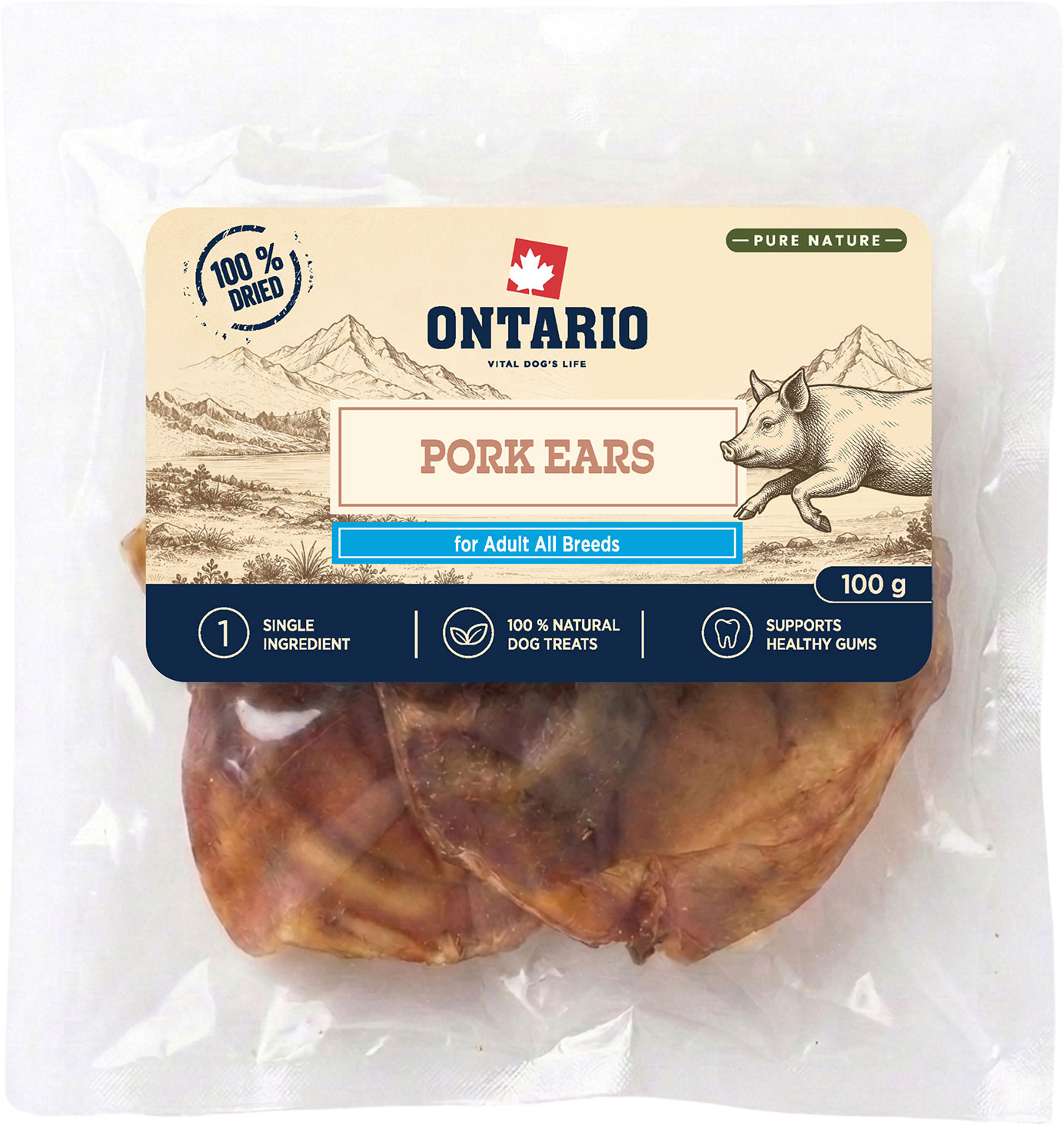 Ontario Pochoutka Pure Nature vepřové uši sušené 100 g