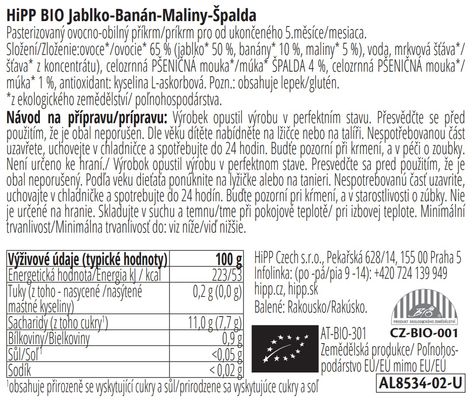 HiPP BIO Hippis 100% ovoce Jablko-Banán-Maliny-Špalda 100 g