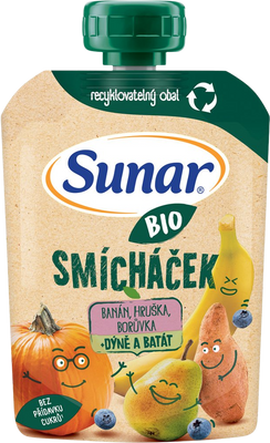 Sunar BIO ovocná kapsička Smícháček banán, hruška, dýně, batáty a borůvky 100 g