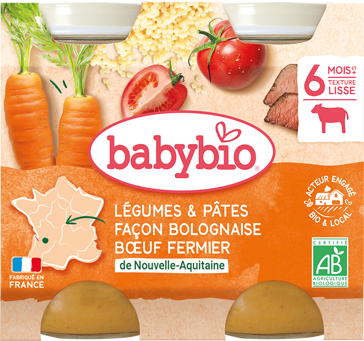 Babybio Příkrm zelenina s těstovinami na boloňský způsob s hovězím masem 2 x 200 g