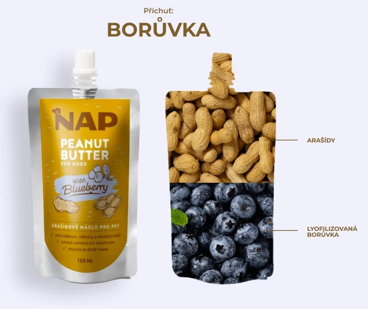 NAP NAP Arašídové máslo pro psy, borůvka 120 ml