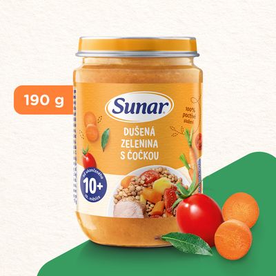Sunar Příkrm dušená zelenina s čočkou 10m+, 190 g
