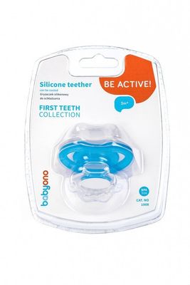 BabyOno Kousátko silikonové bez BPA ve tvaru dudlíku s krytem modrá 3m+