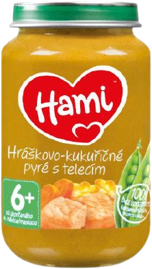 Hami masozeleninový příkrm Hráškovo-kukuřičné pyré s telecím, 6+ 200 g