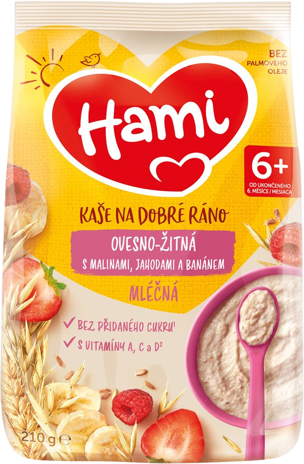 Hami Kaše mléčná ovesno-žitná s banánem, jahodami a malinami 210 g