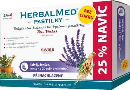 HerbalMed Šalvěj-ženšen bez cukru 30 pastilek