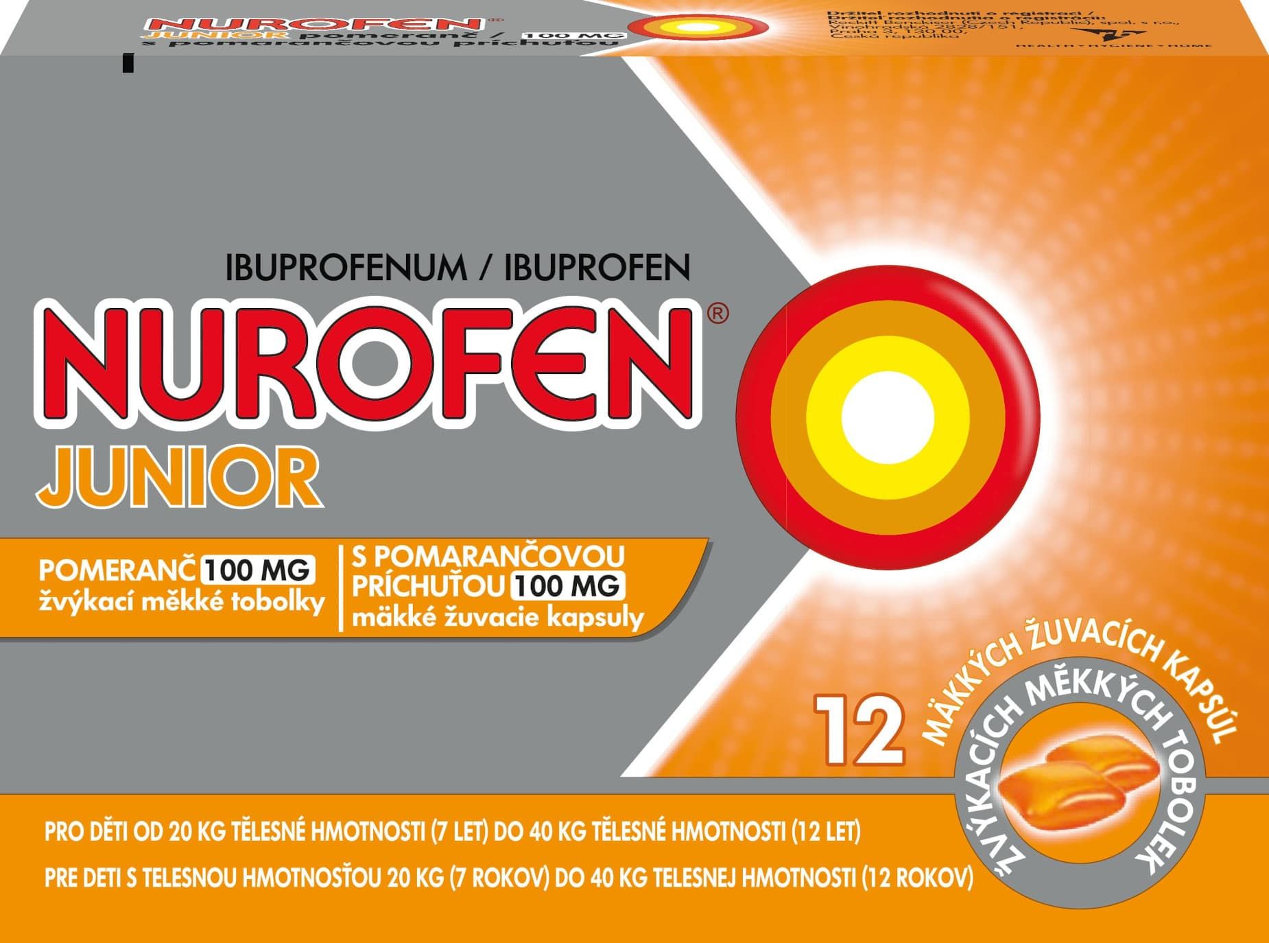 Nurofen Junior Pomeranč 100 mg 12 měkkých tobolek