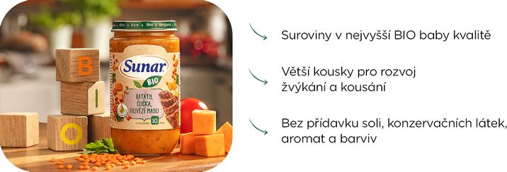 Sunar BIO příkrm zelenina, těstoviny, kuřecí maso 12m+, 235 g