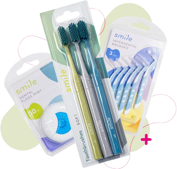Smile sada péče o zuby - zubní kartáček soft 3ks, mezizubní kartáčky 0,6mm 6ks a dentální nit máta 50m