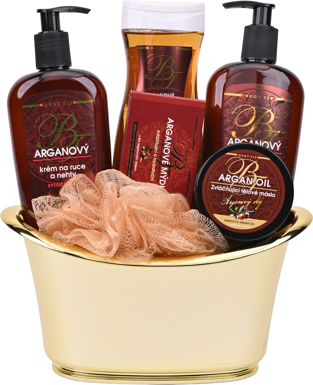 Vivaco Dárkové balení argan sprchový olej + tělový balzám + krém na ruce + tělové máslo + tuhé mýdlo + dárek