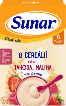 Sunar mléčná kaše s 8 cereáliemi, jahoda, malina 210 g