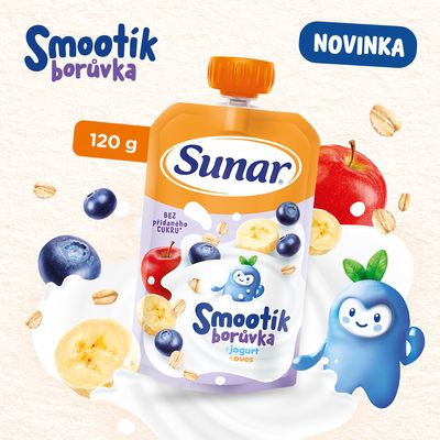 Sunar Smootík dětská kapsička borůvka, jogurt, ovesné vločky 12m+ 120 g