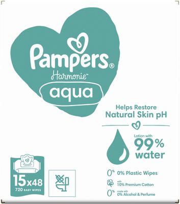 Pampers Harmonie Aqua Plastic Free Vlhčené ubrousky 15 x 48 ks