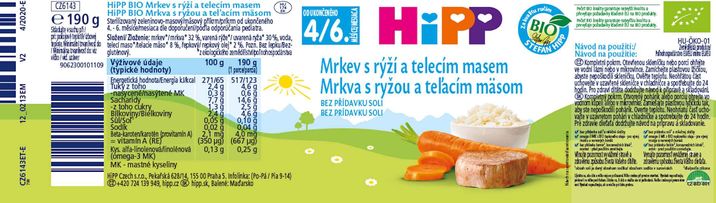 HiPP BIO Mrkev s rýží a telecím masem 190 g