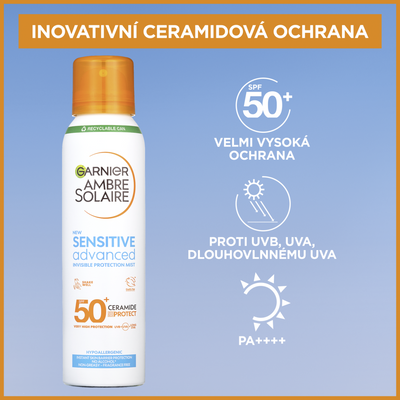 Garnier Ambre Solaire Sensitive Advanced ochranná mlha, velmi vysoká ochrana, světlá citlivá pokožka, SPF 50+, 150 ml