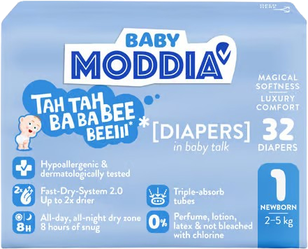 Moddia Baby Jednorázové plenky 1 Newborn (2–5 kg), 32 ks