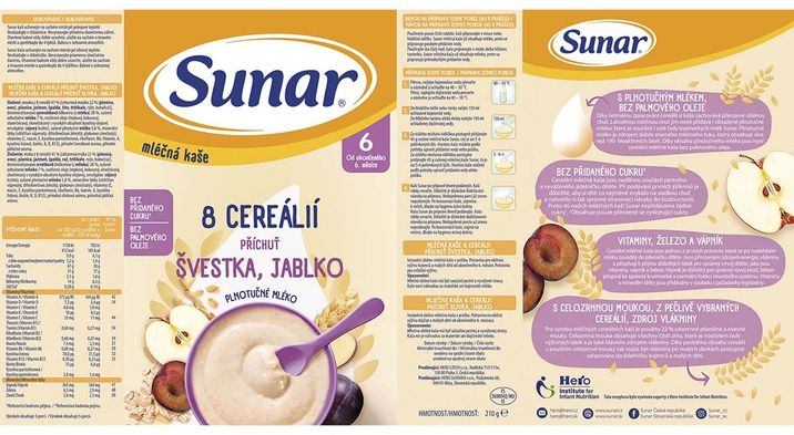 Sunar mléčná kaše s 8 cereáliemi, švestka, jablko 210 kg