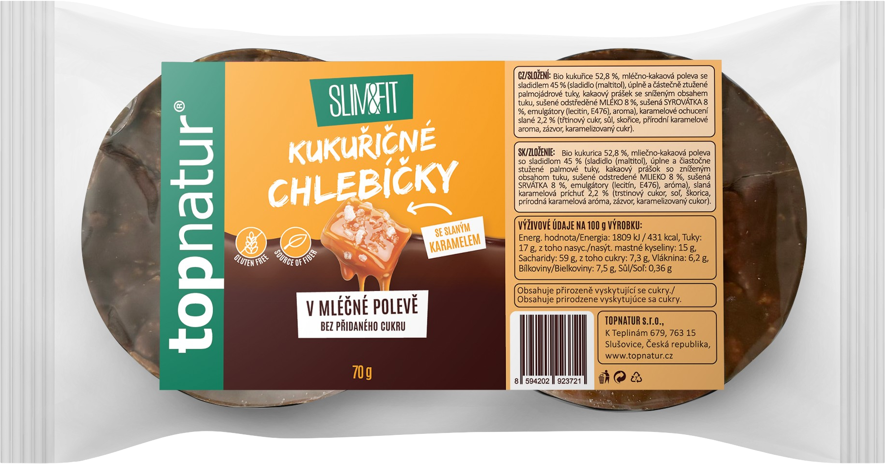 Topnatur Slim&Fit Kukuřičné chlebíčky se slaným karamelem v mléčné polevě 70 g