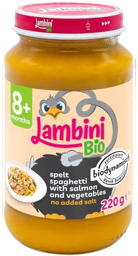 Lambini Bio Demeter příkrm špaldové špagety, zelenina a losos 220 g