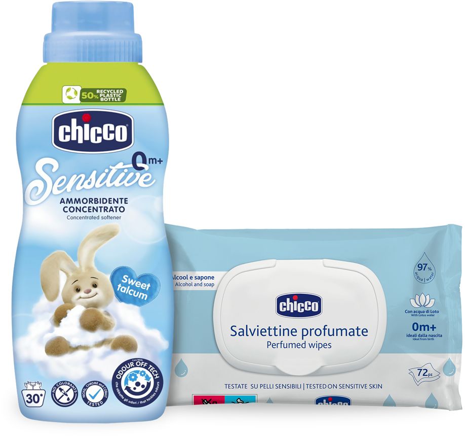 Chicco Aviváž koncentrovaná Baby Sensitive Sladký pudr + vlhčené ubrousky 72 ks zdarma 1 x 750 ml