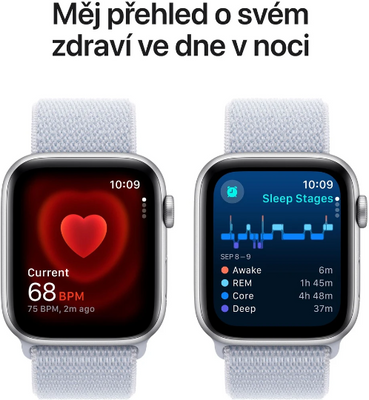 Apple Watch SE (2024) Cellular 44mm Stříbrný hliník s oblačně modrým provlékacím řemínkem
