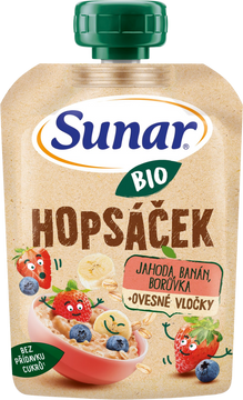 Sunar BIO ovocná kapsička Hopsáček jahoda, banán, borůvka a ovesné vločky 100 g